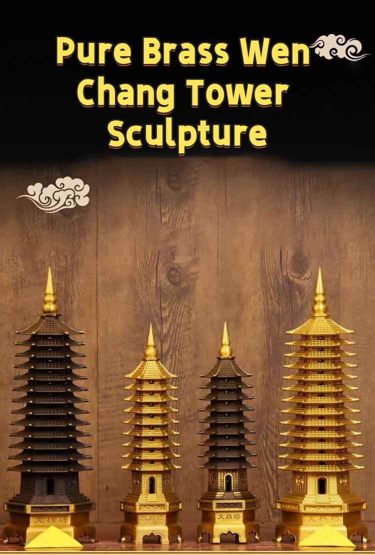 Pure Brass Wen Chang Tower Sculpture – Feng Shui Academic Success & Career Advancement Talisman